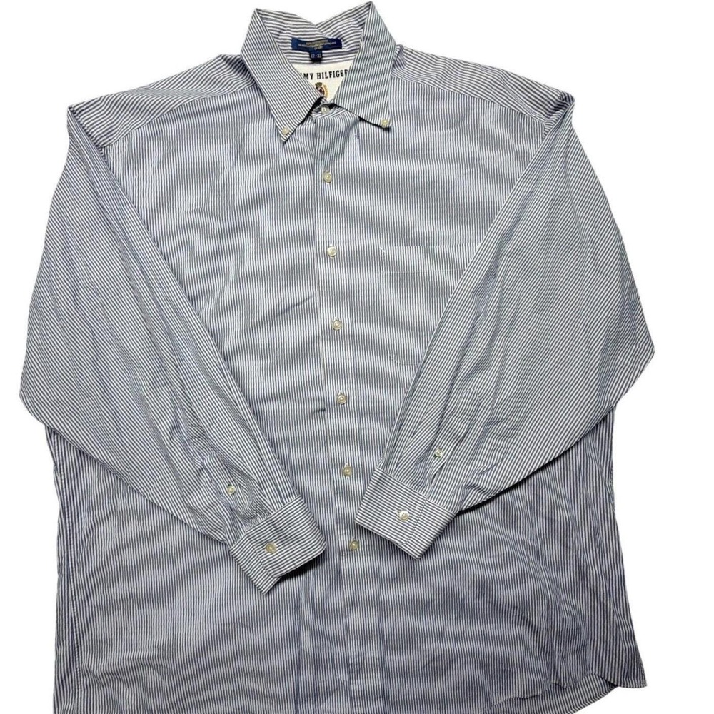Tommy Hilfiger Mens 17-33 Striped Button Down Shirt Blue White Cotton Crest Logo